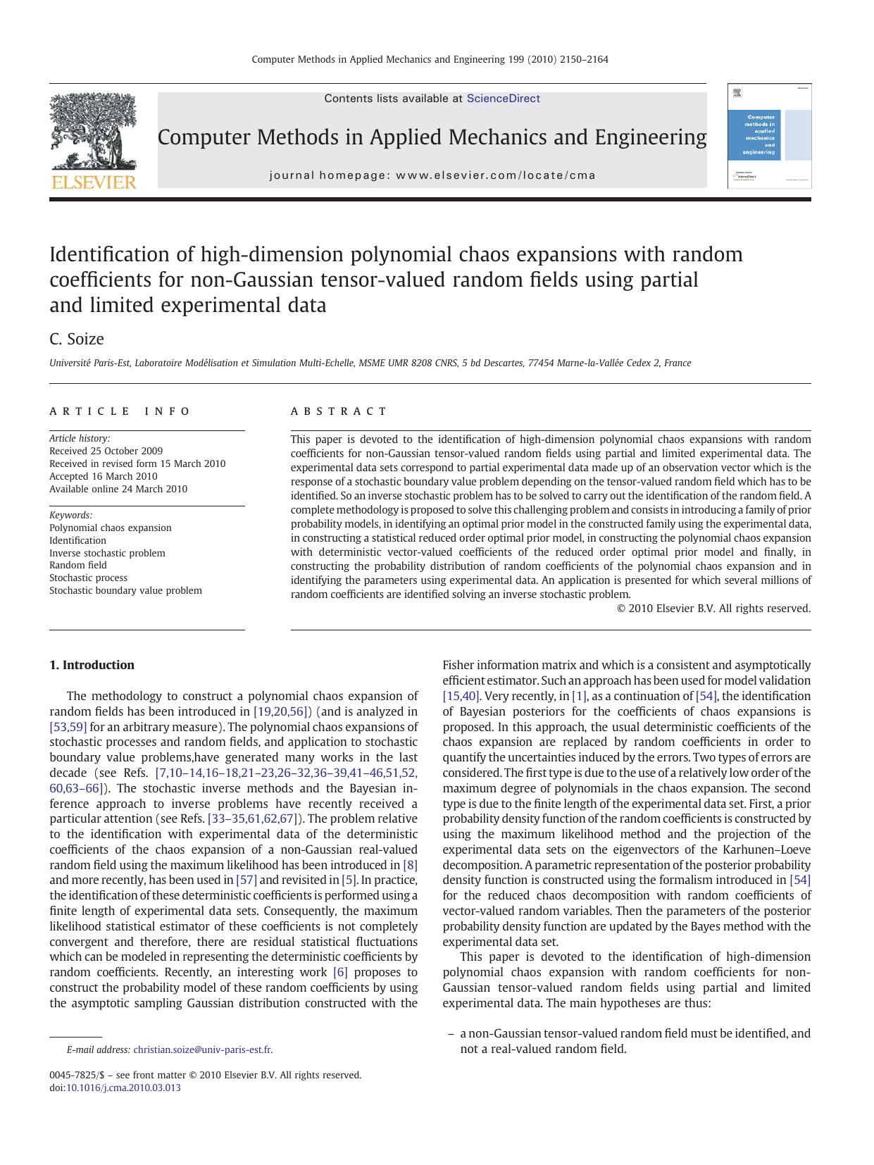 Identification of high-dimension polynomial chaos expansions with random coefficients for non-Gaussian tensor-valued random fields using partial and limited experimental data by C. Soize