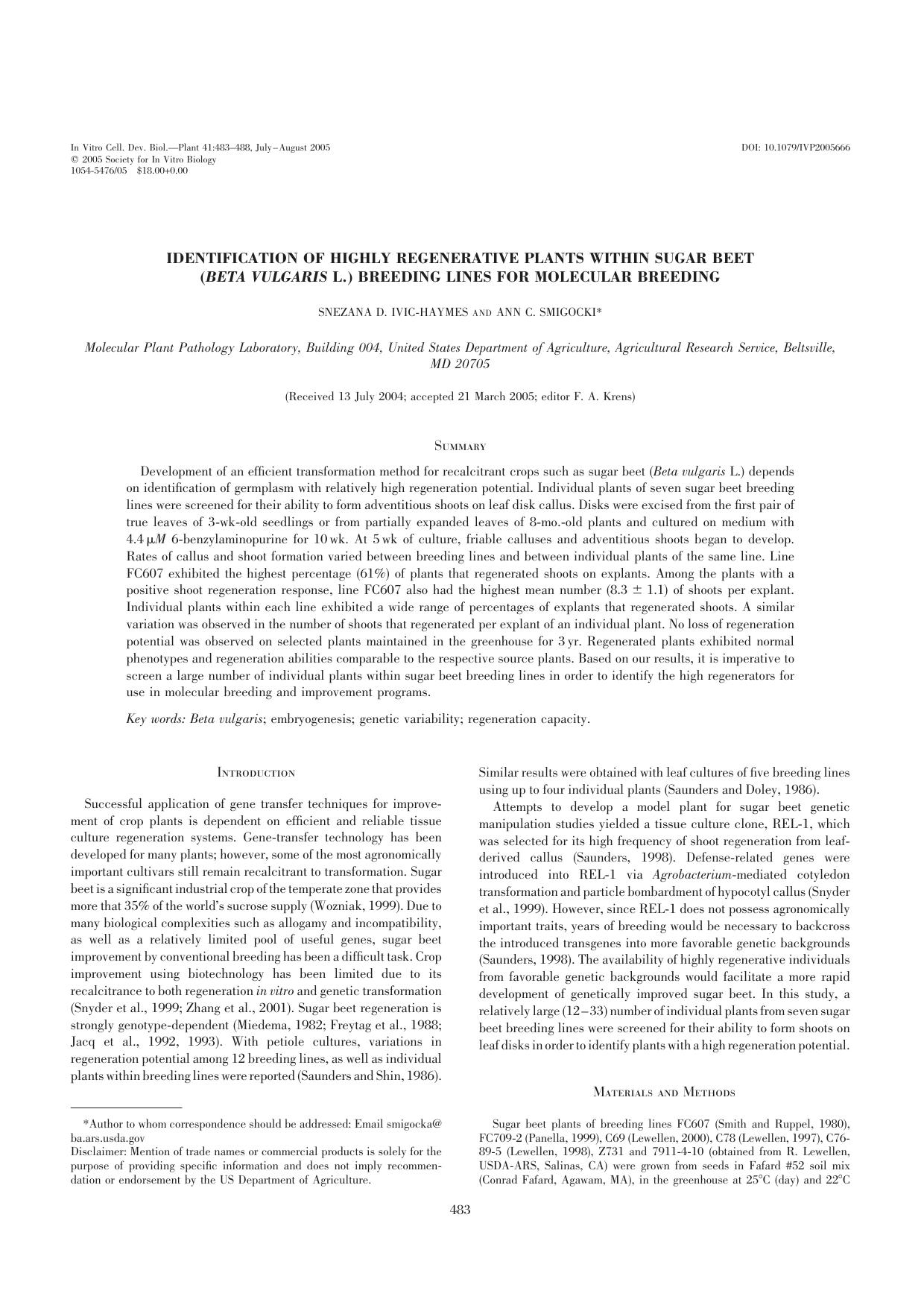 Identification of highly regenerative plants within sugar beet (<Emphasis Type="Italic">Beta vulgaris<Emphasis> L.) breeding lines for molecular breeding by Unknown