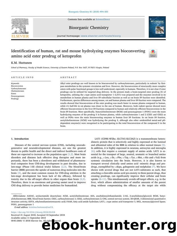 Identification of human, rat and mouse hydrolyzing enzymes bioconverting amino acid ester prodrug of ketoprofen by K.M. Huttunen