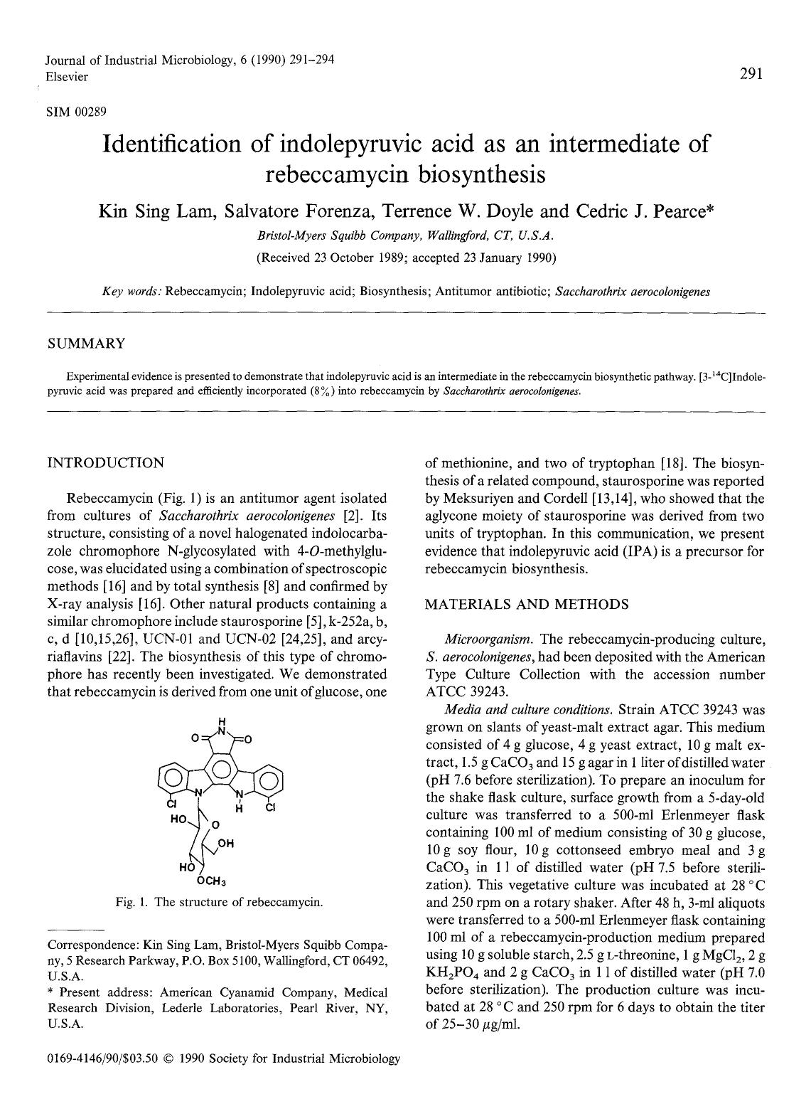Identification of indolepyruvic acid as an intermediate of rebeccamycin biosynthesis by Unknown