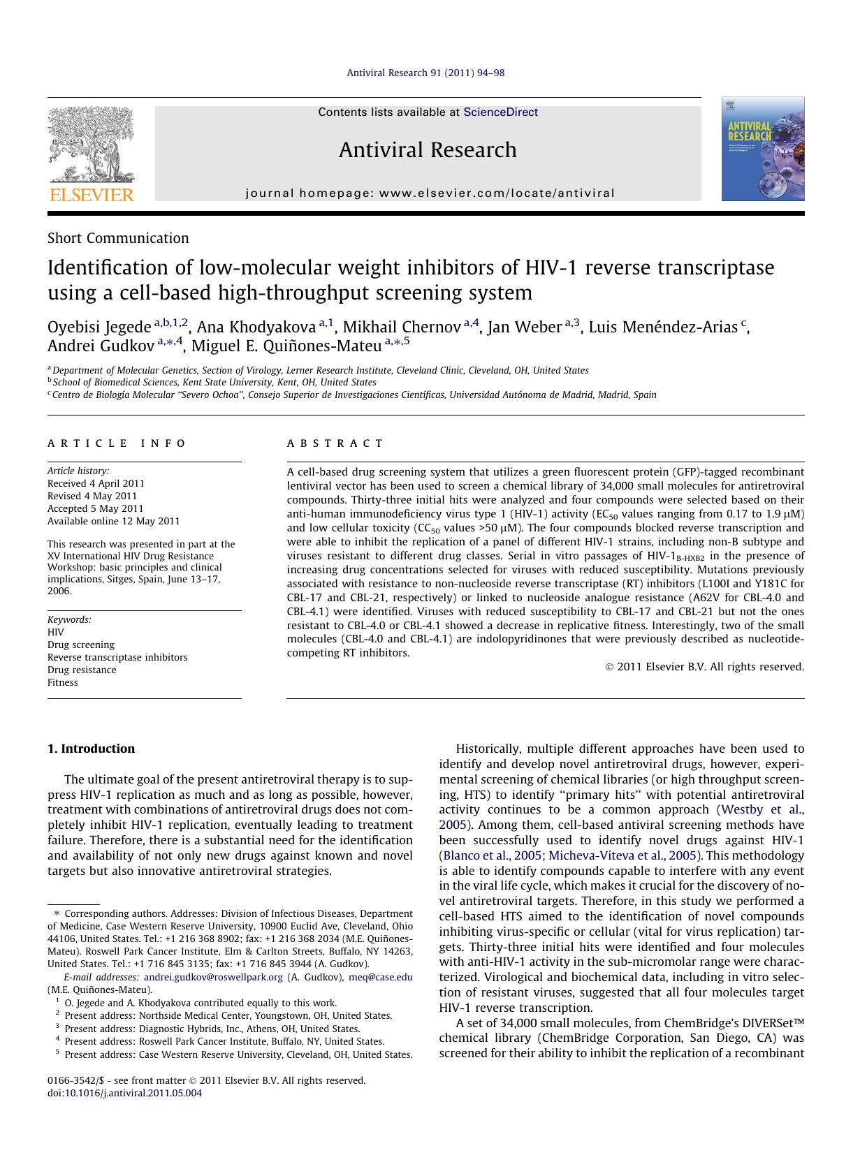 Identification of low-molecular weight inhibitors of HIV-1 reverse transcriptase using a cell-based high-throughput screening system by unknow