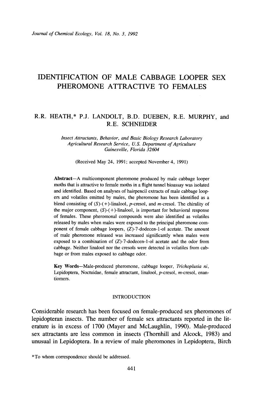 Identification of male cabbage looper sex pheromone attractive to females by Unknown