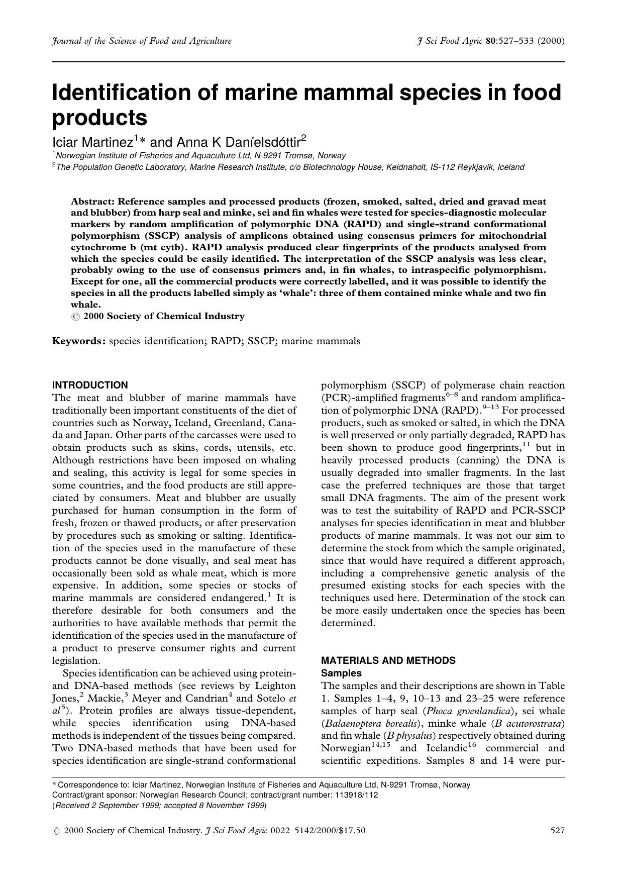 Identification of marine mammal species in food products by Unknown