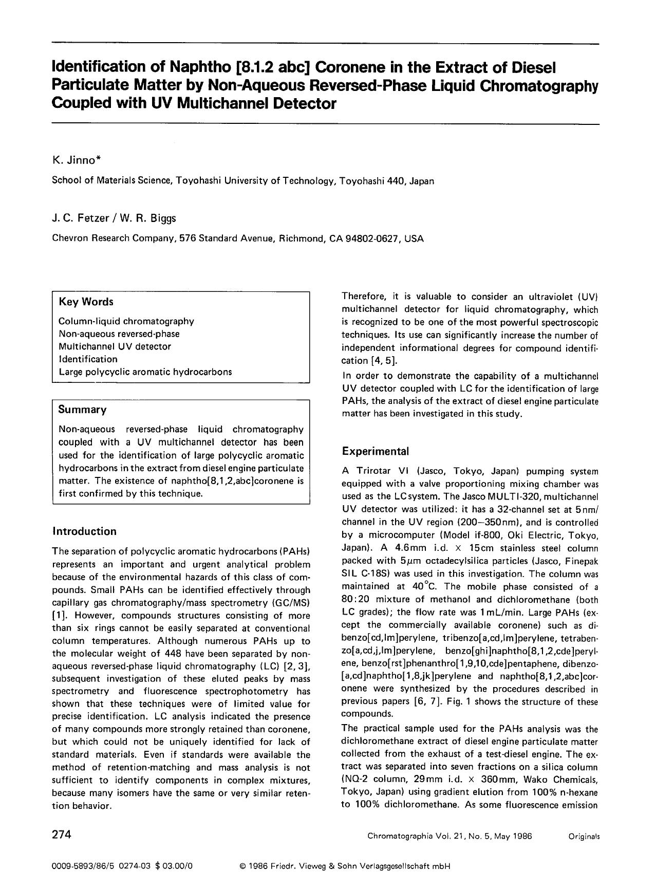 Identification of naphtho [8.1.2 abc] coronene in the extract of diesel particulate matter by non-aqueous reversed-phase liquid chromatography coupled with UV multichannel detector by Unknown