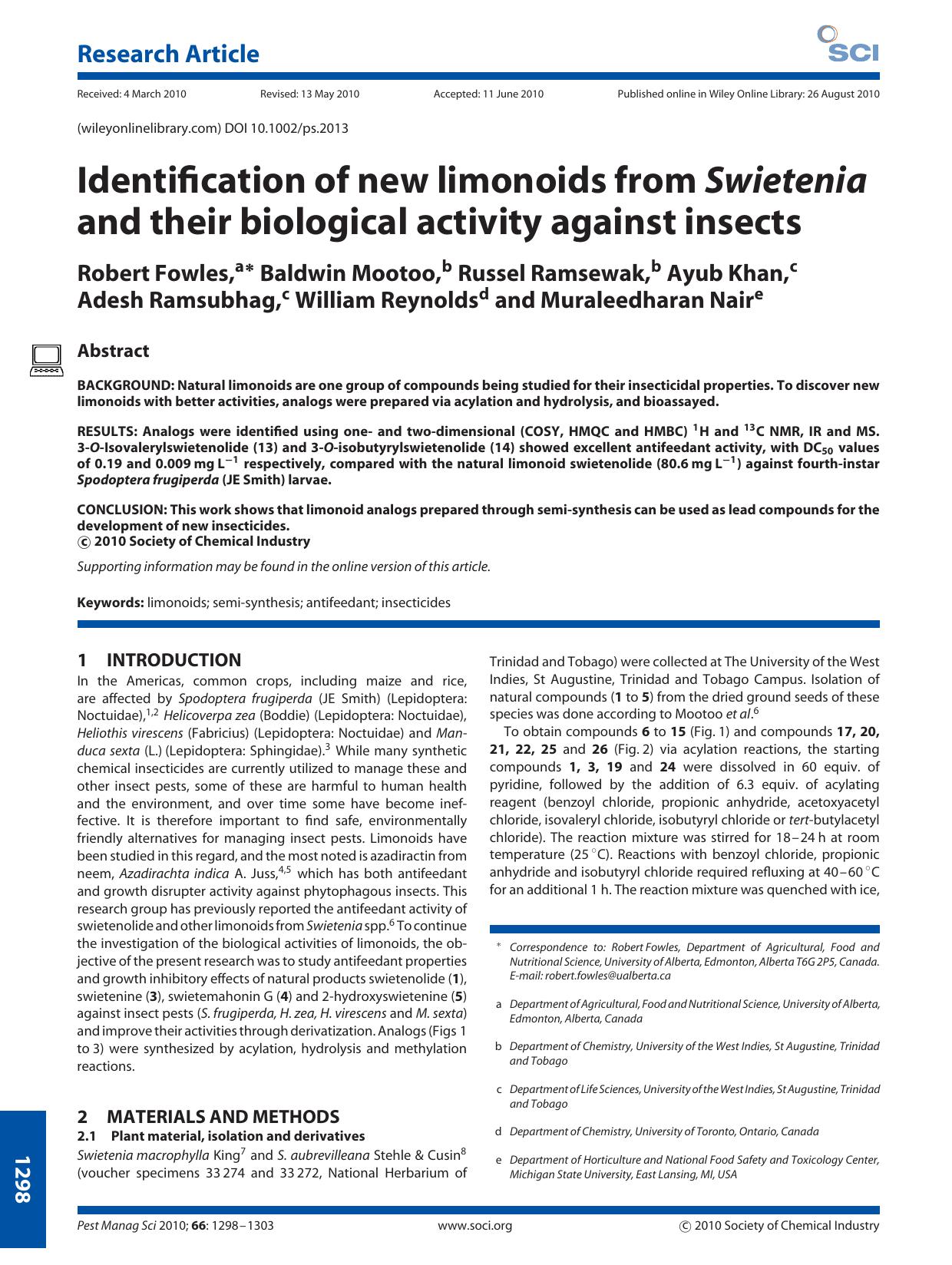 Identification of new limonoids from Swietenia and their biological activity against insects by Unknown