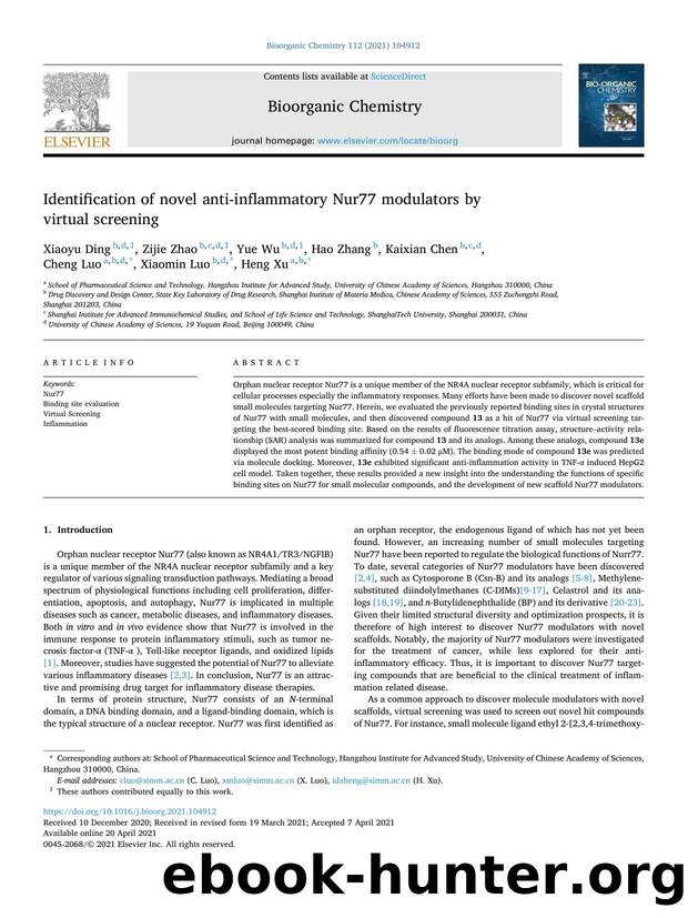 Identification of novel anti-inflammatory Nur77 modulators by virtual screening by Xiaoyu Ding & Zijie Zhao & Yue Wu & Hao Zhang & Kaixian Chen & Cheng Luo & Xiaomin Luo & Heng Xu