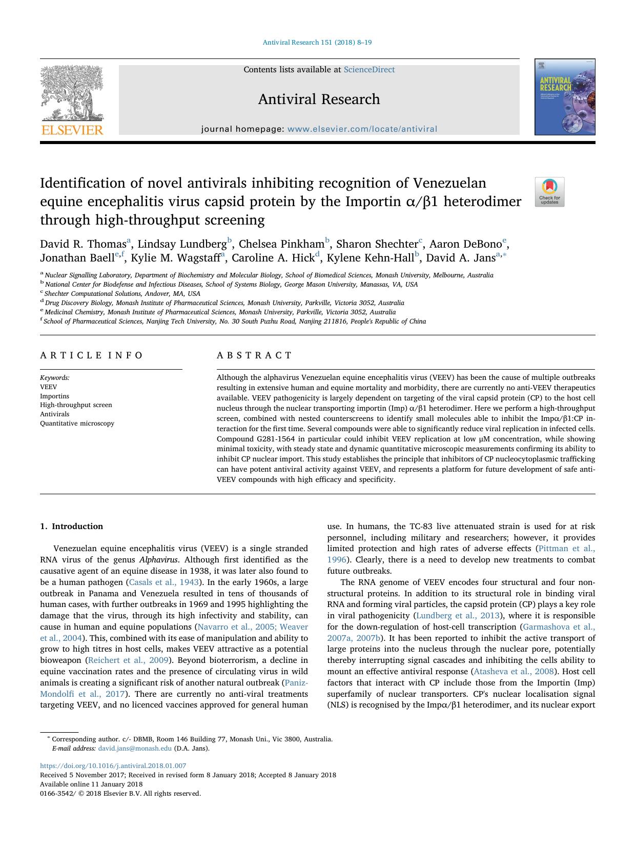 Identification of novel antivirals inhibiting recognition of Venezuelan equine encephalitis virus capsid protein by the Importin Î±Î²1 heterodimer through high-throughput screening by unknow