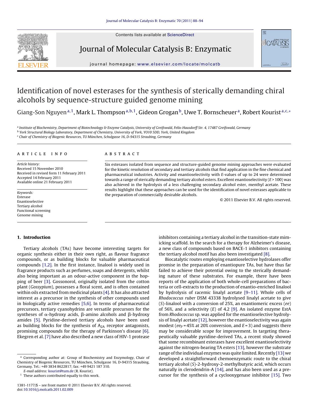Identification of novel esterases for the synthesis of sterically demanding chiral alcohols by sequence-structure guided genome mining by Giang-Son Nguyen