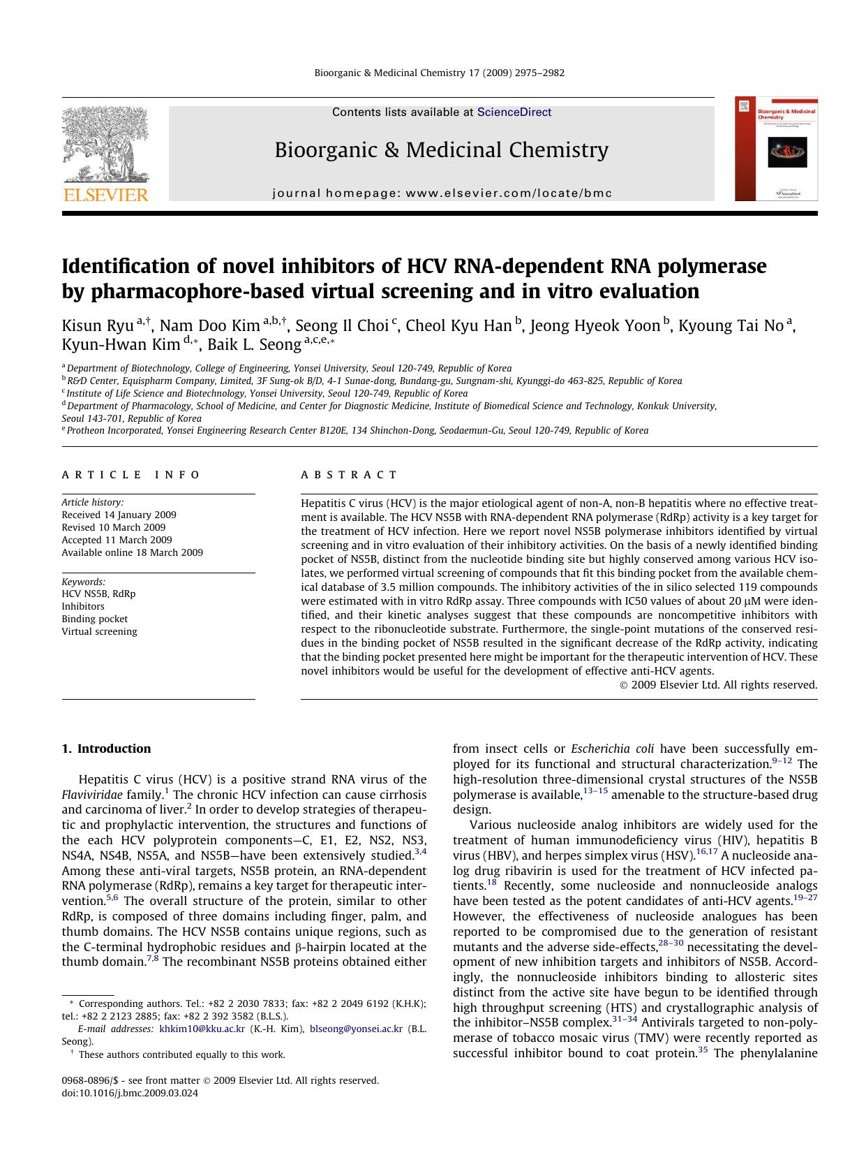 Identification of novel inhibitors of HCV RNA-dependent RNA polymerase by pharmacophore-based virtual screening and in vitro evaluation by unknow
