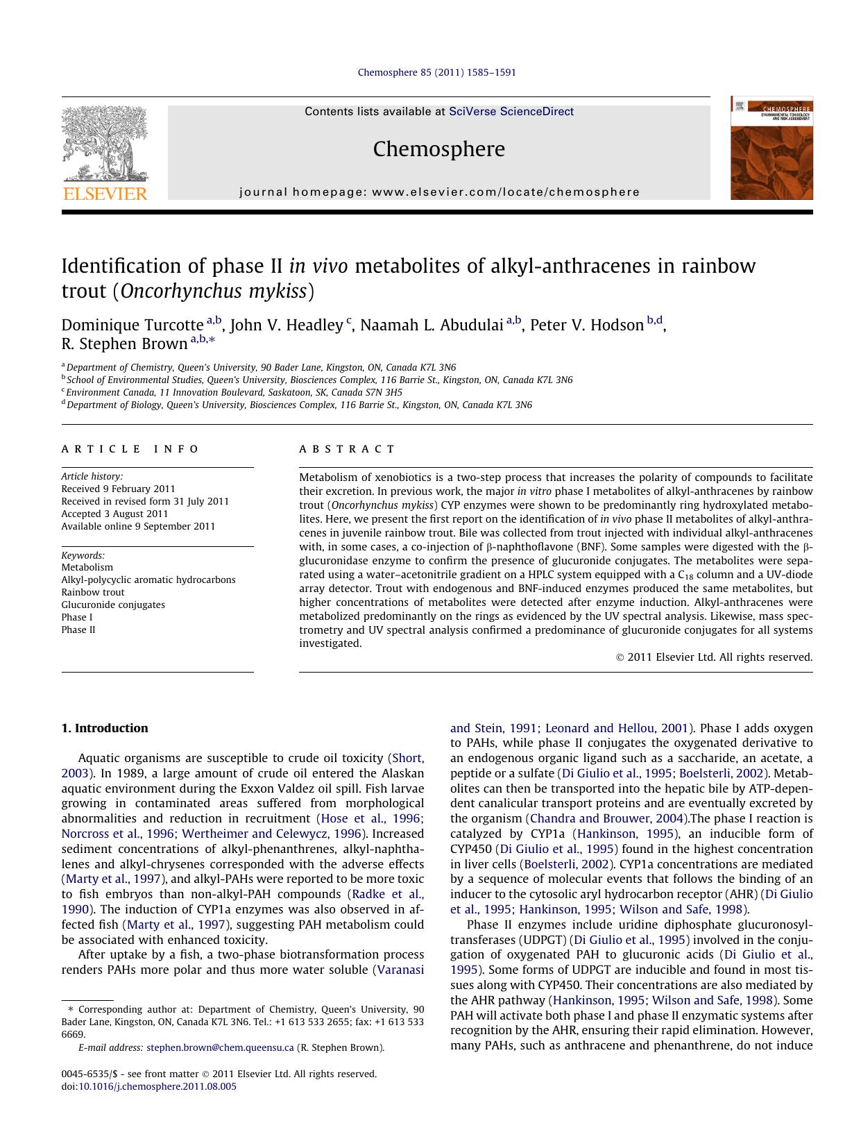 Identification of phase II in vivo metabolites of alkyl-anthracenes in rainbow trout (Oncorhynchus mykiss) by Dominique Turcotte & John V. Headley & Naamah L. Abudulai & Peter V. Hodson & R. Stephen Brown