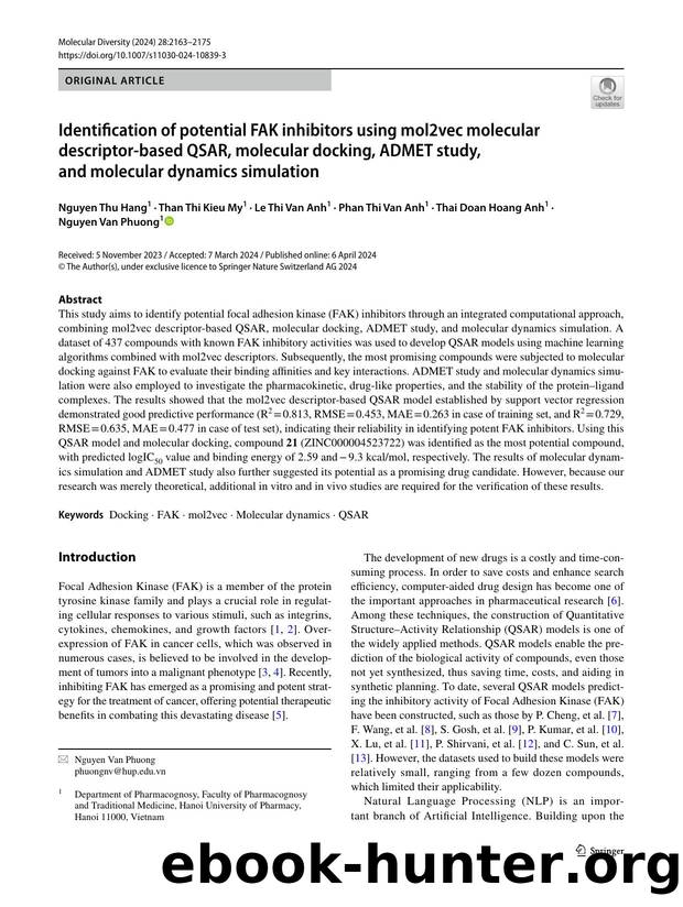 Identification of potential FAK inhibitors using mol2vec molecular descriptor-based QSAR, molecular docking, ADMET study, and molecular dynamics simulation by unknow
