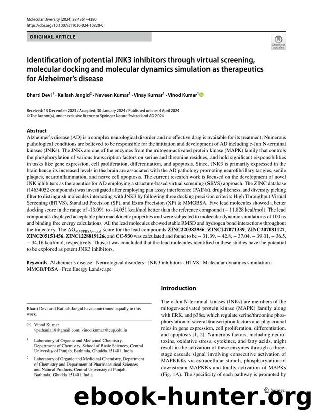 Identification of potential JNK3 inhibitors through virtual screening, molecular docking and molecular dynamics simulation as therapeutics for Alzheimerâs disease by Bharti Devi & Kailash Jangid & Naveen Kumar & Vinay Kumar & Vinod Kumar