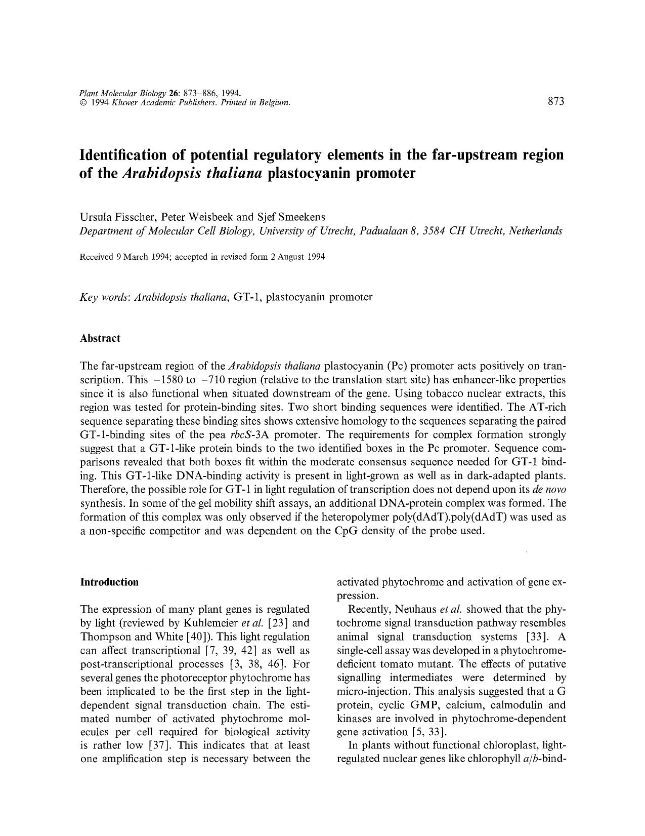 Identification of potential regulatory elements in the far-upstream region of the <Emphasis Type="Italic">Arabidopsis thaliana <Emphasis> plastocyanin promoter by Unknown