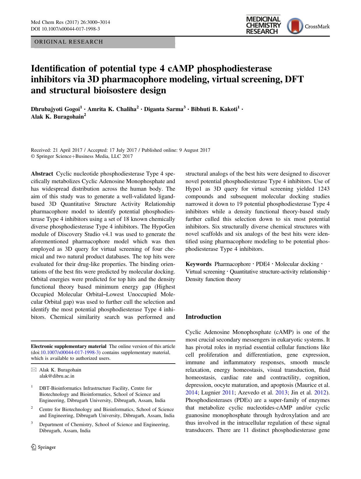 Identification of potential type 4 cAMP phosphodiesterase inhibitors via 3D pharmacophore modeling, virtual screening, DFT and structural bioisostere design by Dhrubajyoti Gogoi & Amrita K. Chaliha & Diganta Sarma & Bibhuti B. Kakoti & Alak K. Buragohain