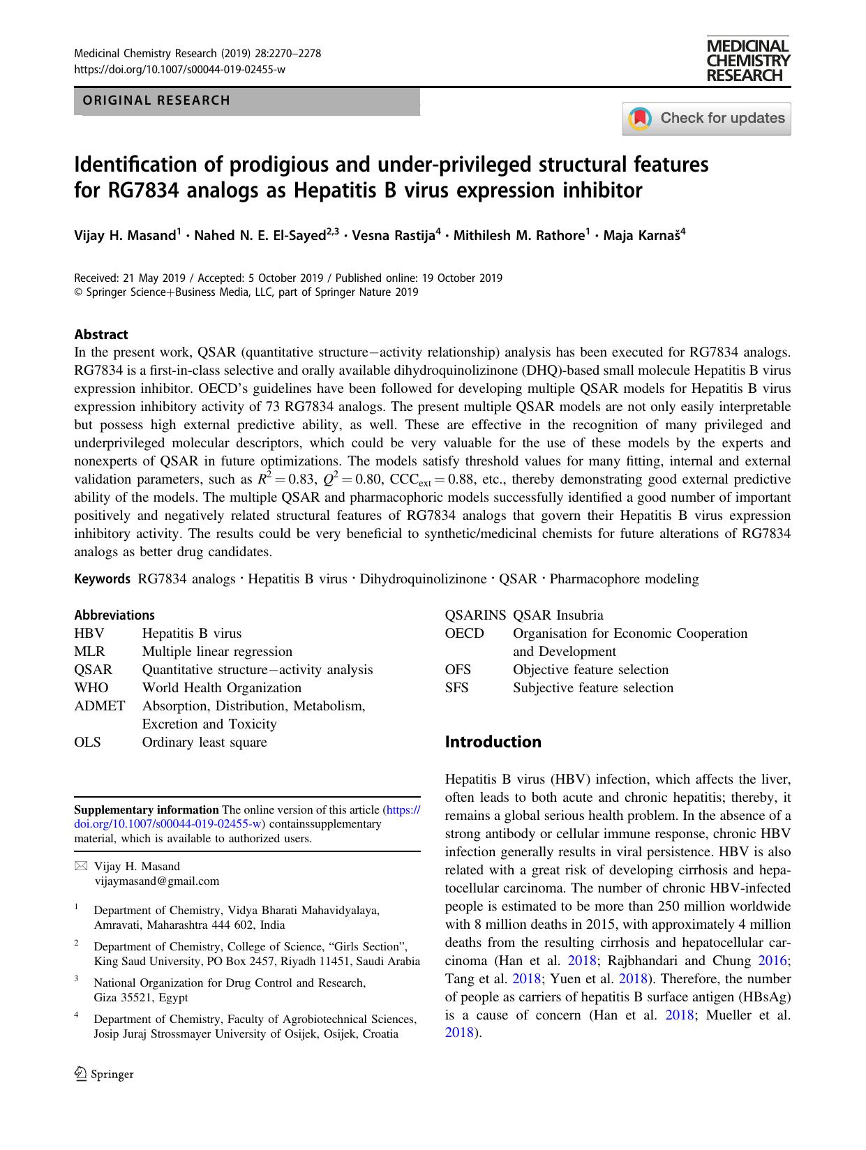 Identification of prodigious and under-privileged structural features for RG7834 analogs as Hepatitis B virus expression inhibitor by Vijay H. Masand & Nahed N. E. El-Sayed & Vesna Rastija & Mithilesh M. Rathore & Maja Karnaš