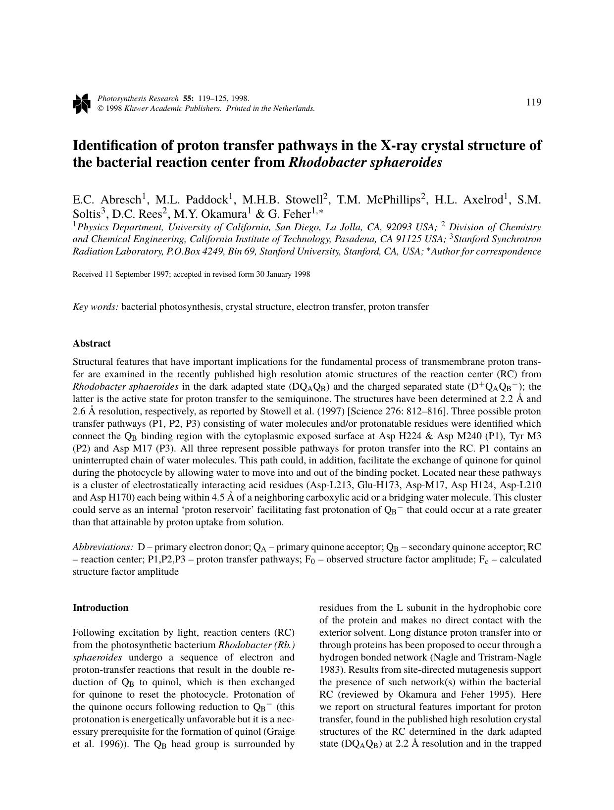 Identification of proton transfer pathways in the X-ray crystal structure of the bacterial reaction center from Rhodobacter sphaeroides by Unknown