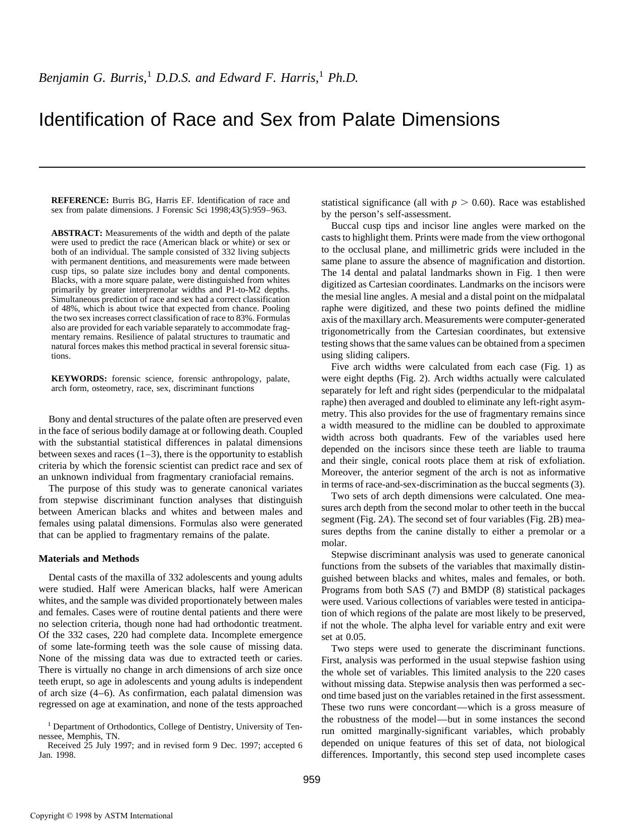 Identification of race and sex from palate dimensions by Burris BG Harris EF