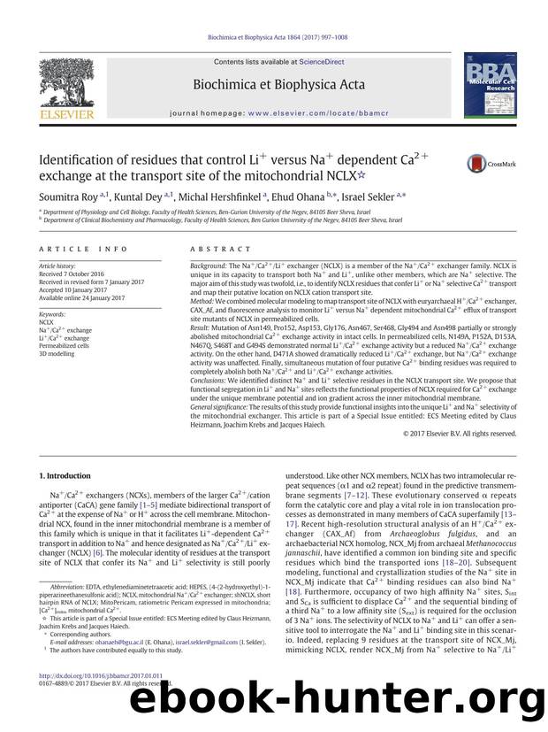 Identification of residues that control Li+ versus Na+ dependent Ca2+ exchange at the transport site of the mitochondrial NCLX by Soumitra Roy & Kuntal Dey & Michal Hershfinkel & Ehud Ohana & Israel Sekler