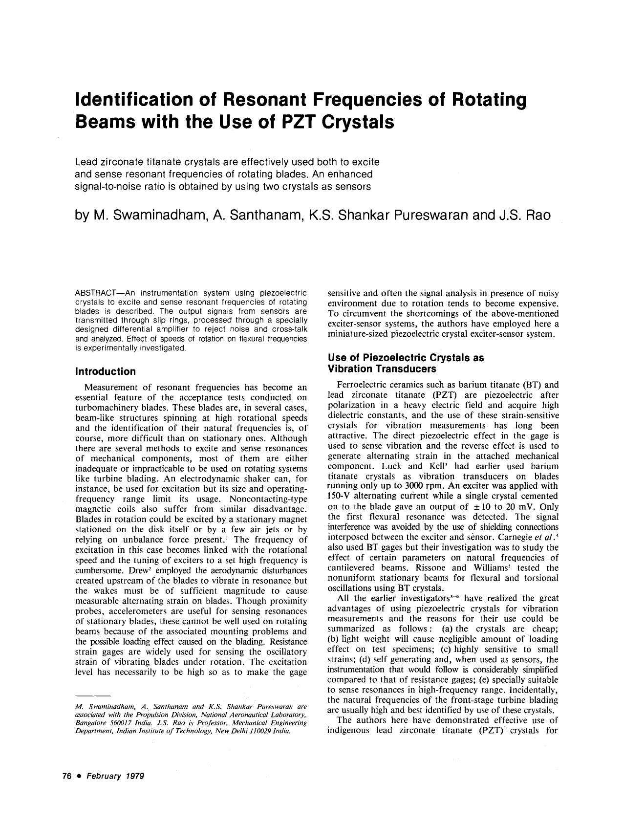 Identification of resonant frequencies of rotating beams with the use of PZT crystals by Unknown