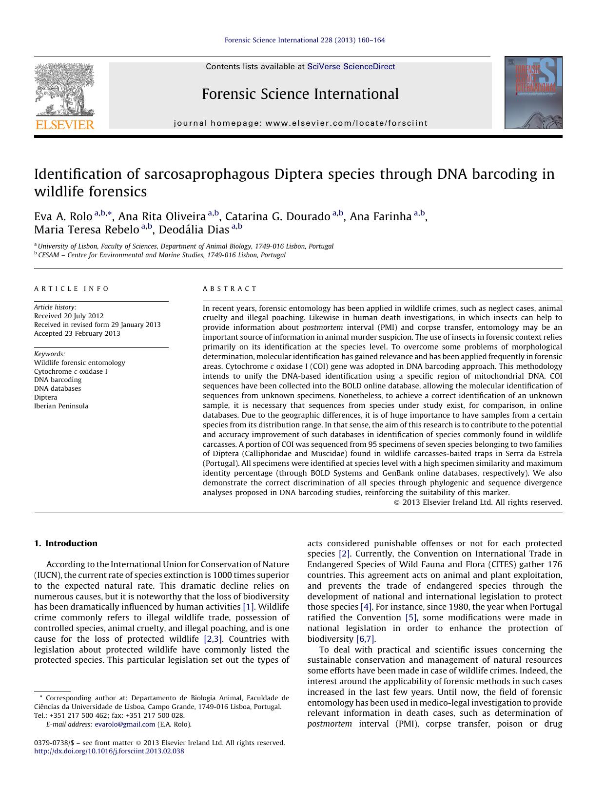 Identification of sarcosaprophagous Diptera species through DNA barcoding in wildlife forensics by Eva A. Rolo