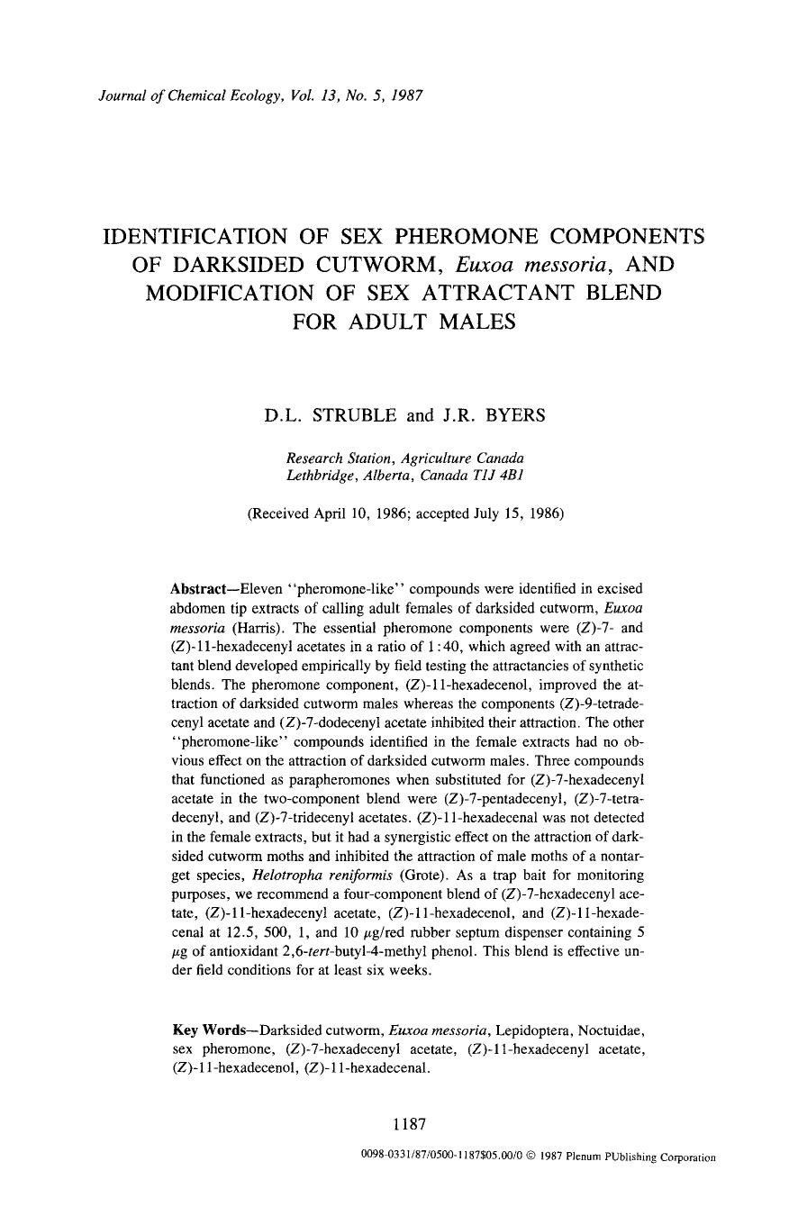 Identification of sex pheromone components of darksided cutworm, <Emphasis Type="Italic">Euxoa messoria <Emphasis>, and modification of sex attractant blend for adult males by Unknown