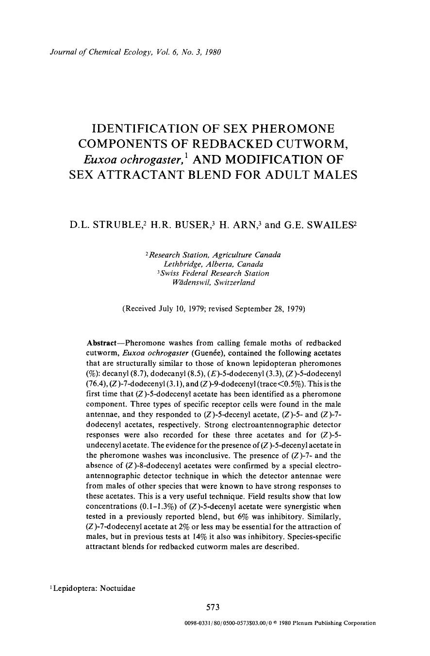Identification of sex pheromone components of redbacked cutworm, <Emphasis Type="Italic">Euxoa ochrogaster <Emphasis>, and modification of sex attractant blend for adult males by Unknown