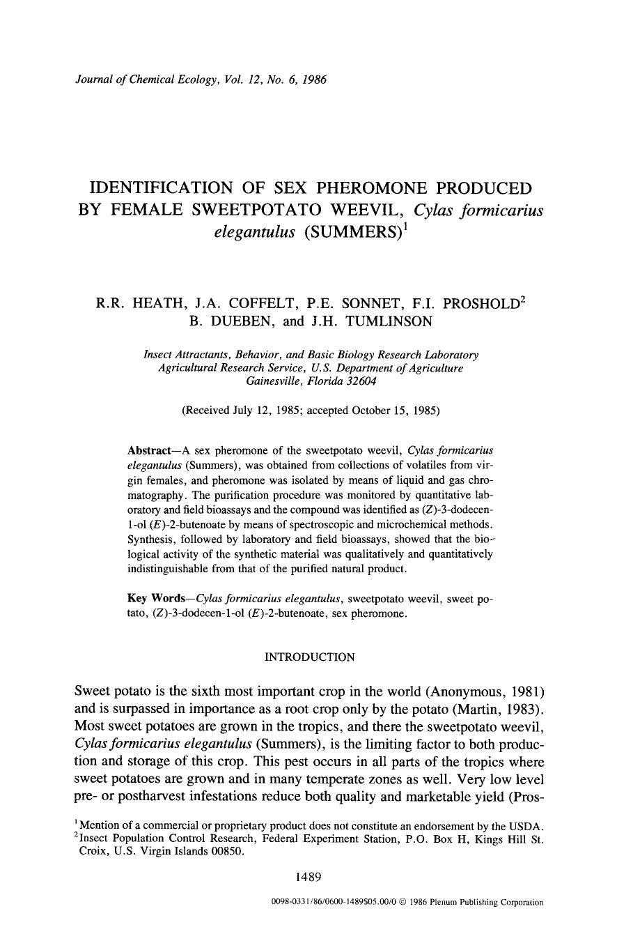 Identification of sex pheromone produced by female sweetpotato weevil, <Emphasis Type="Italic">Cylas formicarius elegantulus <Emphasis> (Summers) by Unknown