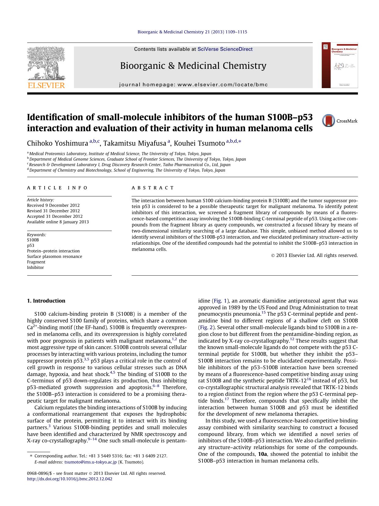 Identification of small-molecule inhibitors of the human S100Bâp53 interaction and evaluation of their activity in human melanoma cells by Chihoko Yoshimura & Takamitsu Miyafusa & Kouhei Tsumoto