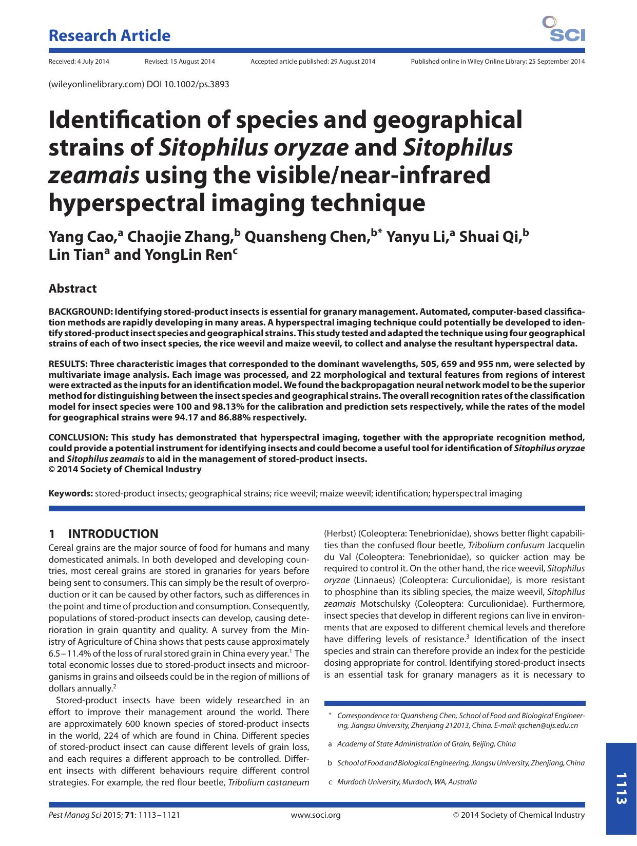 Identification of species and geographical strains of Sitophilus oryzae and Sitophilus zeamais using the visiblenear-infrared hyperspectral imaging technique by Unknown