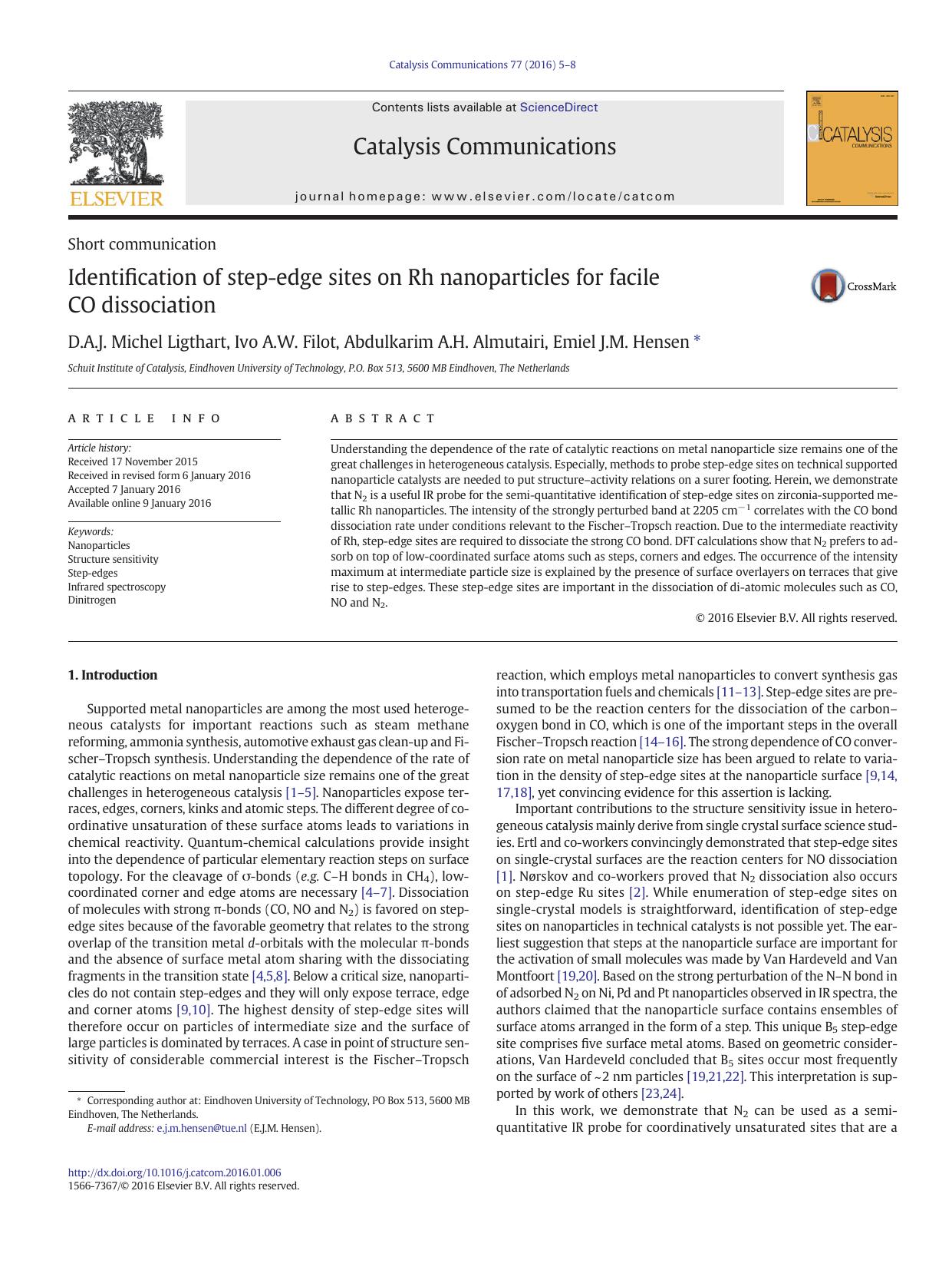 Identification of step-edge sites on Rh nanoparticles for facile CO dissociation by D.A.J. Michel Ligthart & Ivo A.W. Filot & Abdulkarim A.H. Almutairi & Emiel J.M. Hensen