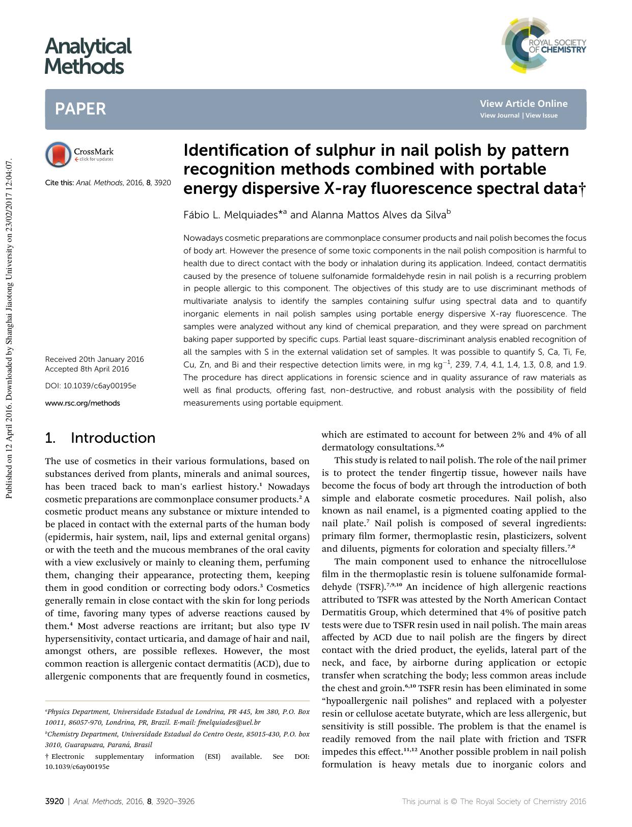 Identification of sulphur in nail polish by pattern recognition methods combined with portable energy dispersive X-ray fluorescence spectral data by Fábio L. Melquiades & Alanna Mattos Alves da Silva