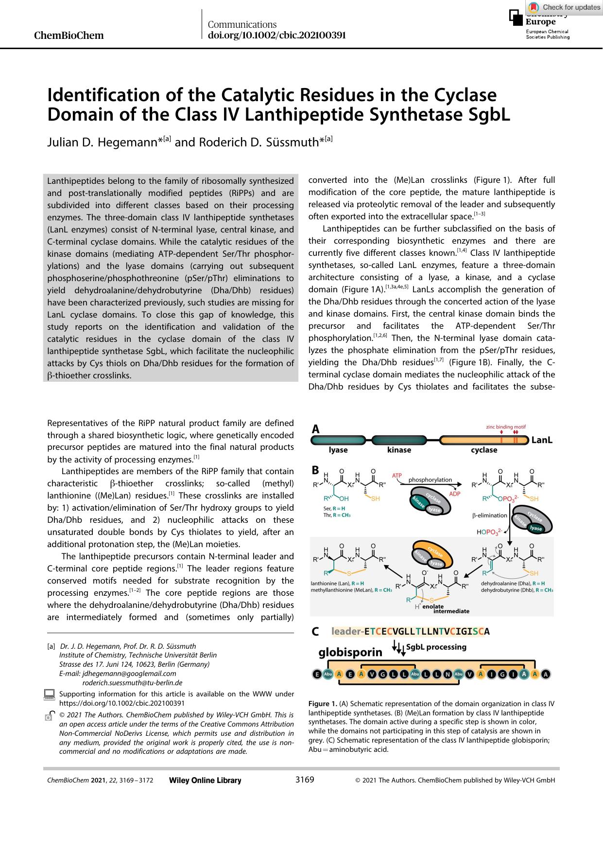 Identification of the Catalytic Residues in the Cyclase Domain of the Class IV Lanthipeptide Synthetase SgbL by Unknown