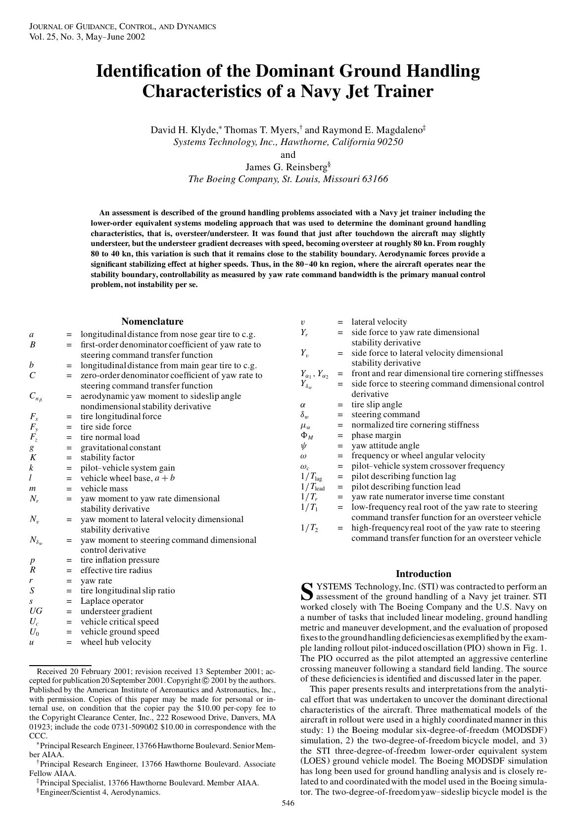 Identification of the Dominant Ground Handling Characteristics of a Navy Jet Trainer by Unknown