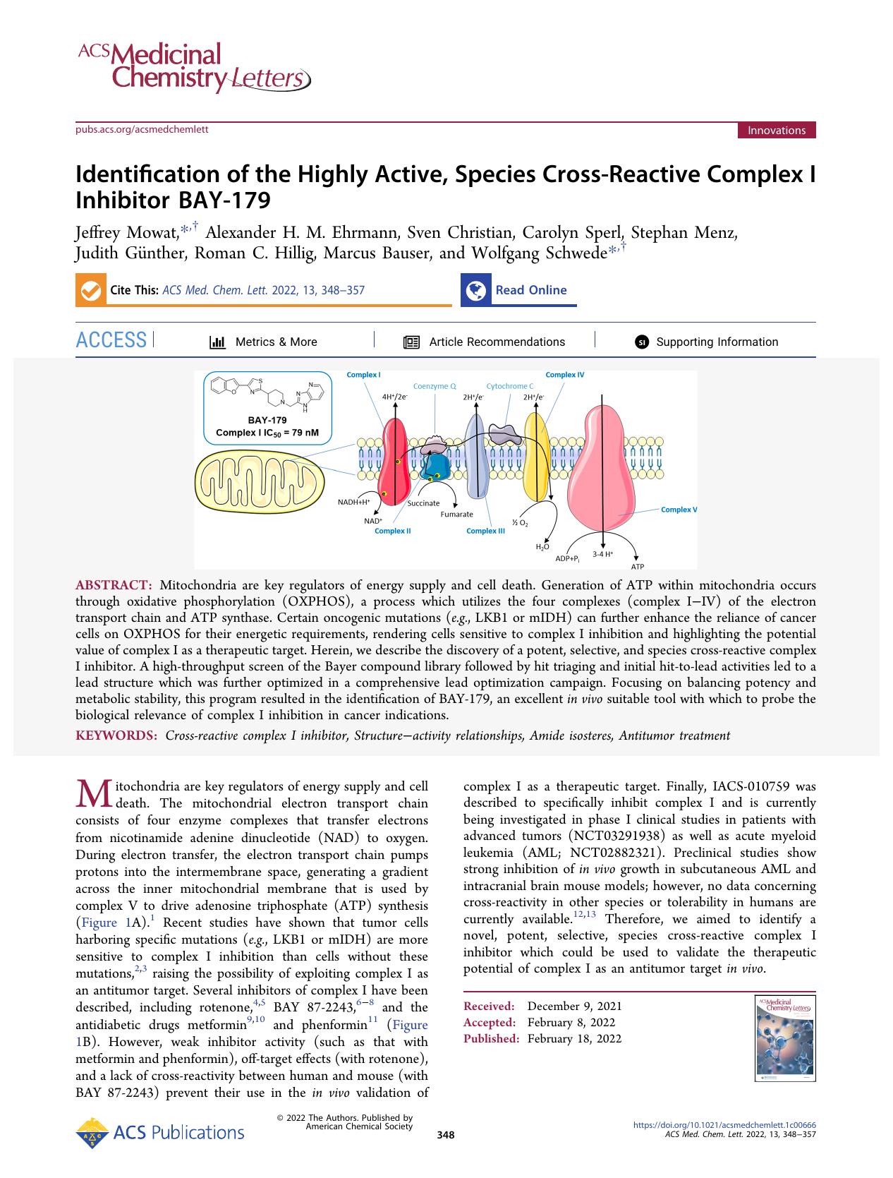 Identification of the Highly Active, Species Cross-Reactive Complex I Inhibitor BAY-179 by unknow