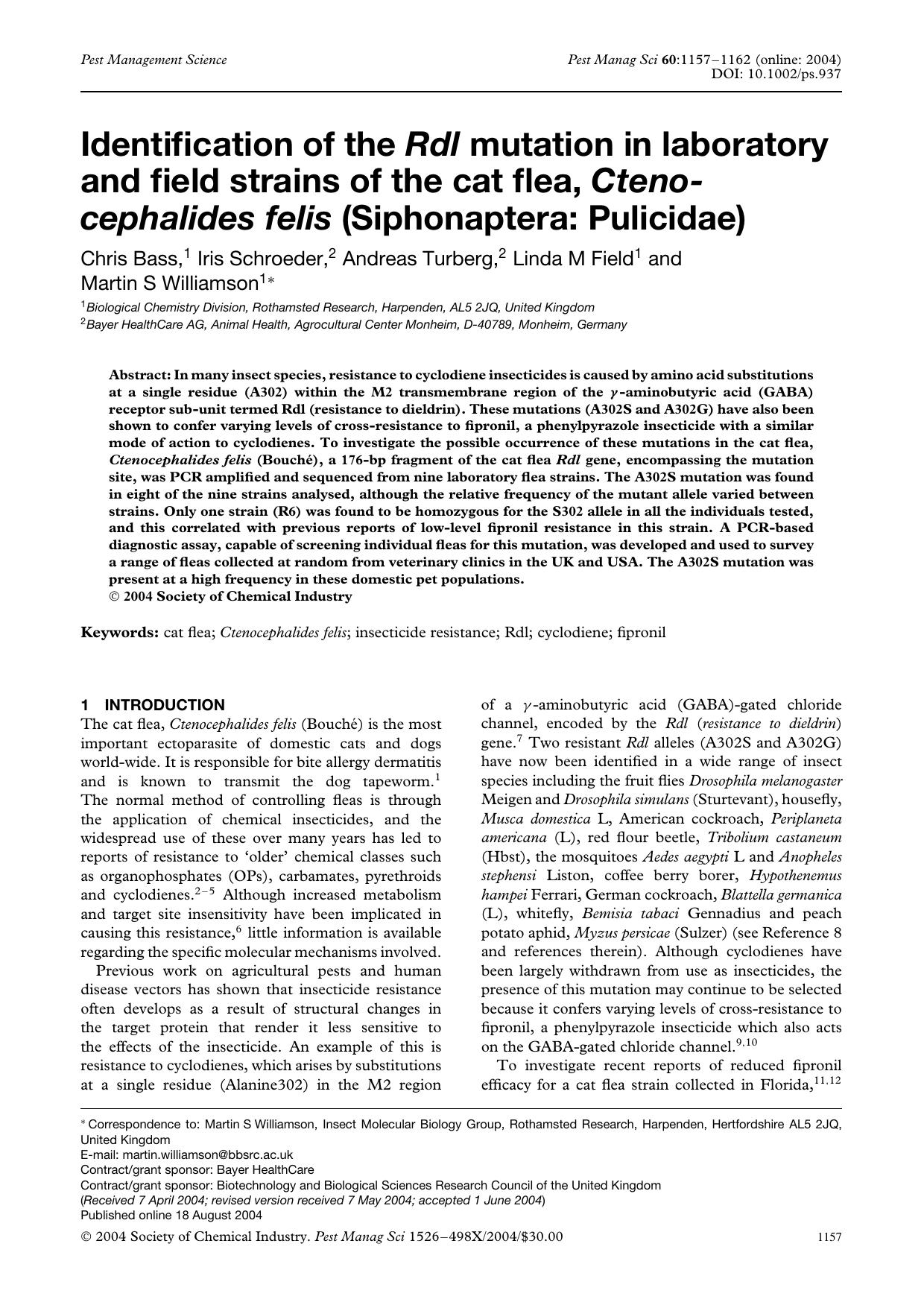 Identification of the Rdl mutation in laboratory and field strains of the cat flea, Ctenocephalides felis (Siphonaptera: Pulicidae) by Unknown
