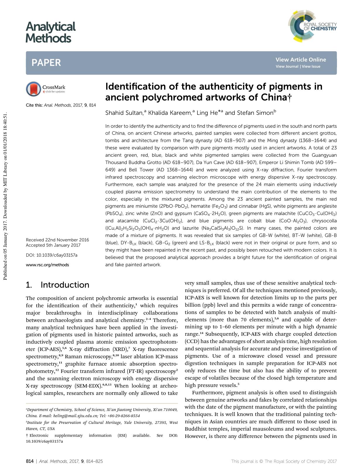 Identification of the authenticity of pigments in ancient polychromed artworks of China by Shahid Sultan & Khalida Kareem & Ling He & Stefan Simon