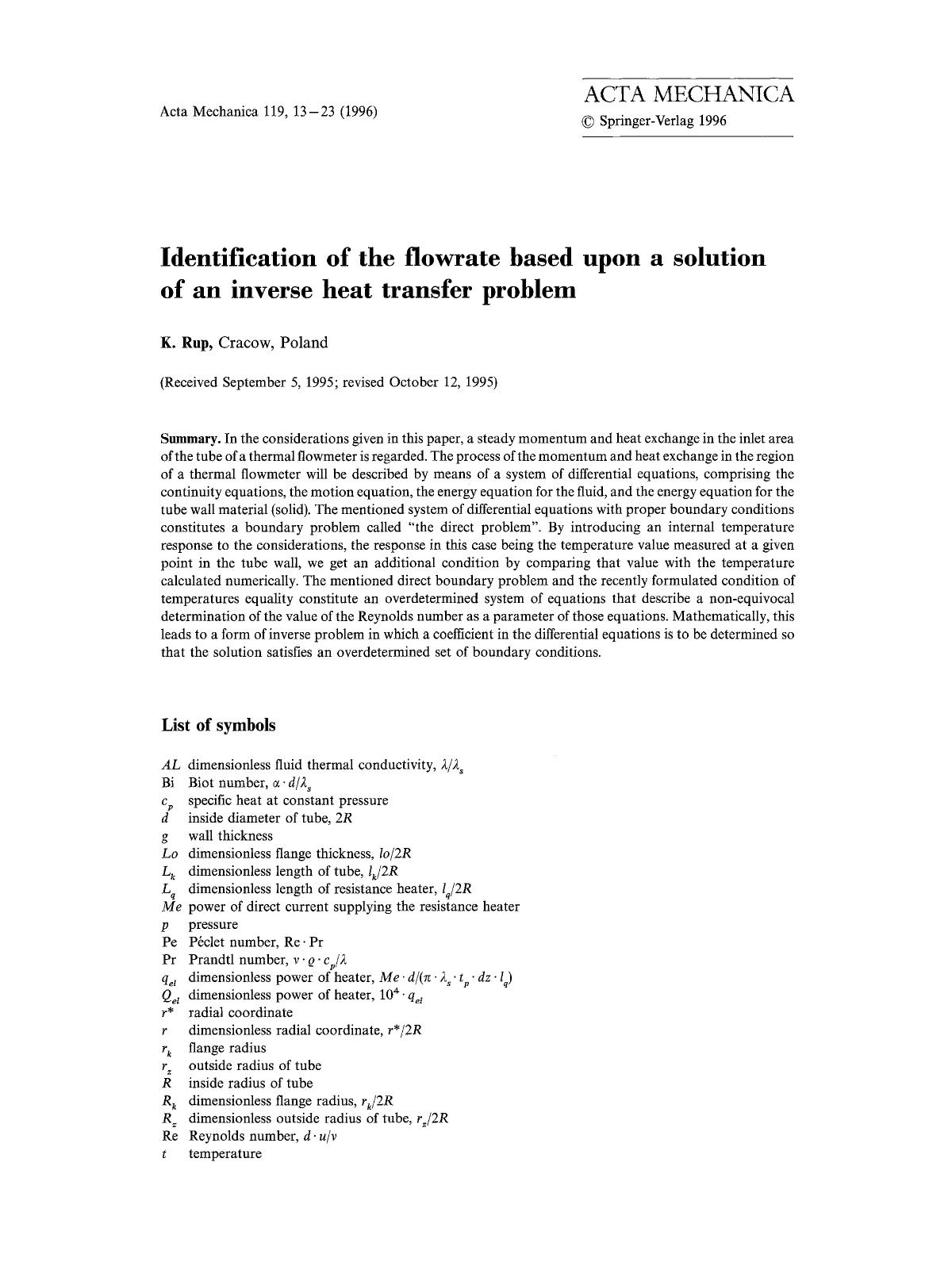 Identification of the flowrate based upon a solution of an inverse heat transfer problem by Unknown