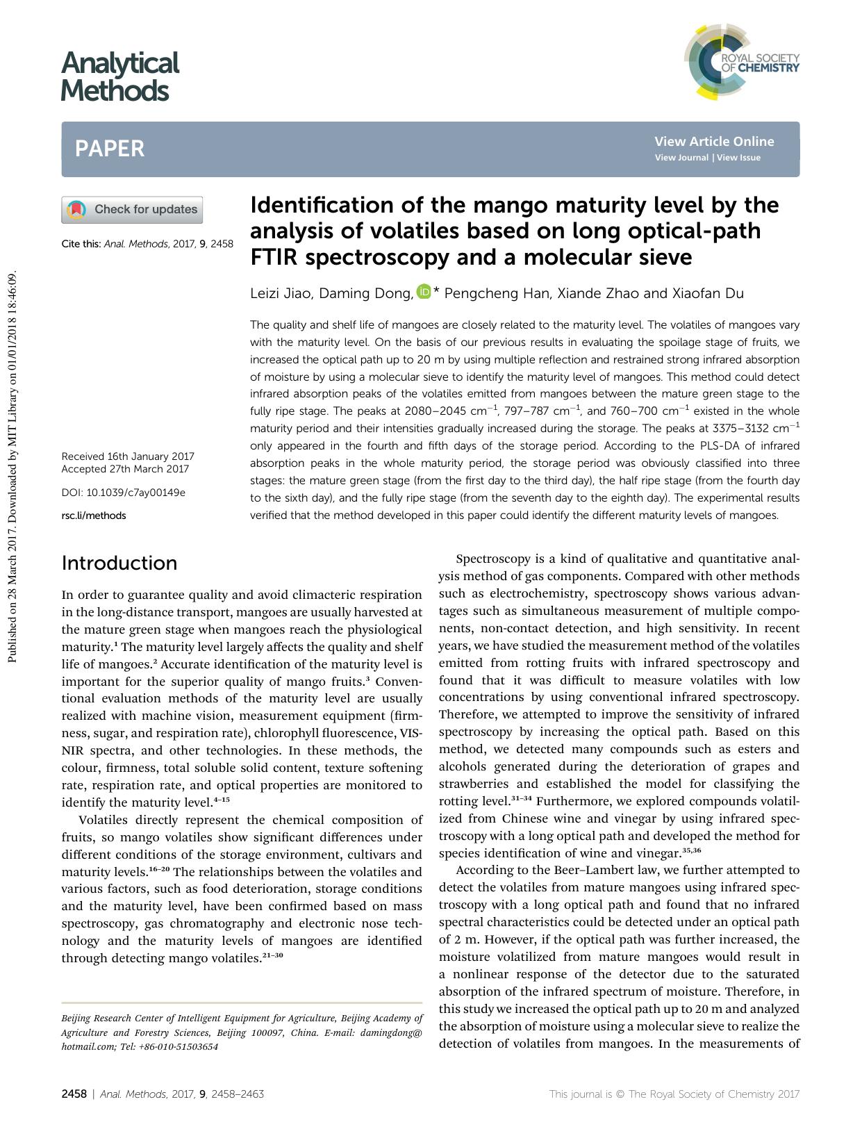 Identification of the mango maturity level by the analysis of volatiles based on long optical-path FTIR spectroscopy and a molecular sieve by Leizi Jiao & Daming Dong & Pengcheng Han & Xiande Zhao & Xiaofan Du