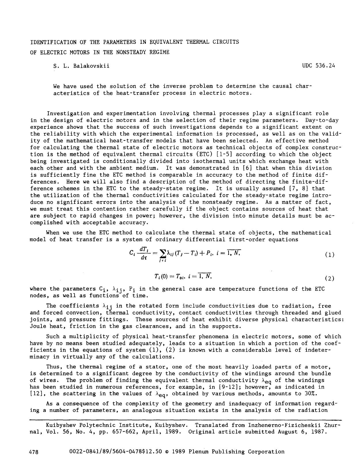 Identification of the parameters in equivalent thermal circuits of electric motors in the nonsteady regime by Unknown