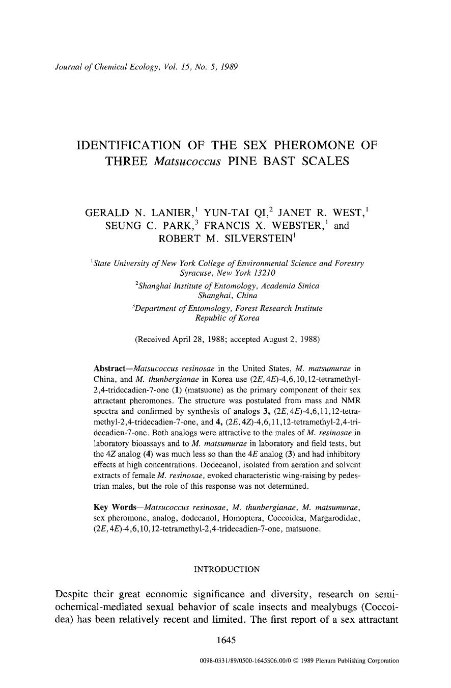 Identification of the sex pheromone of three <Emphasis Type="Italic">Matsucoccus <Emphasis> pine bast scales by Unknown