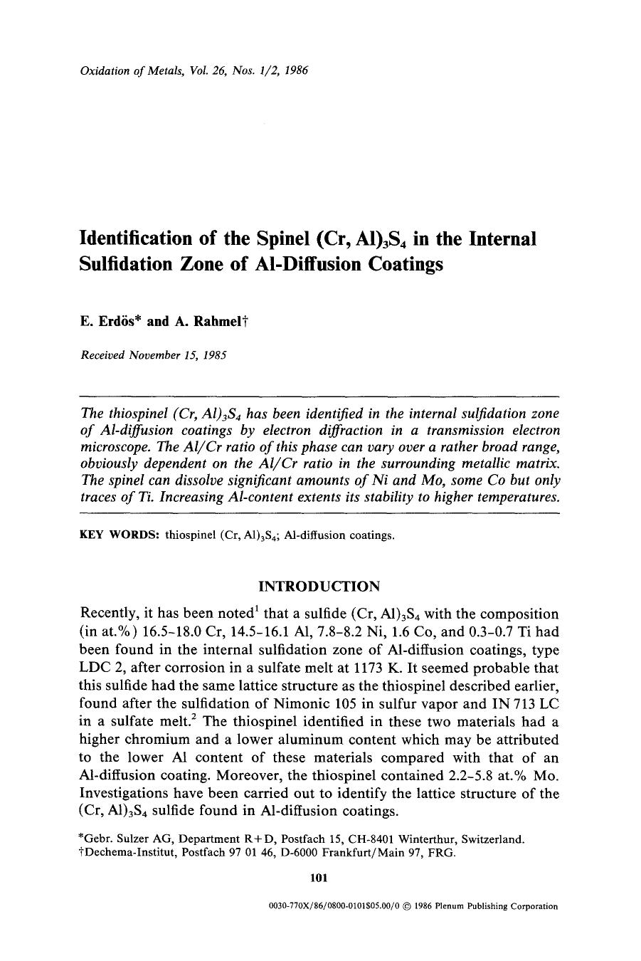 Identification of the spinel (Cr, Al) <Subscript>3 <Subscript>S <Subscript>4 <Subscript> in the internal sulfidation zone of Al-diffusion coatings by Unknown