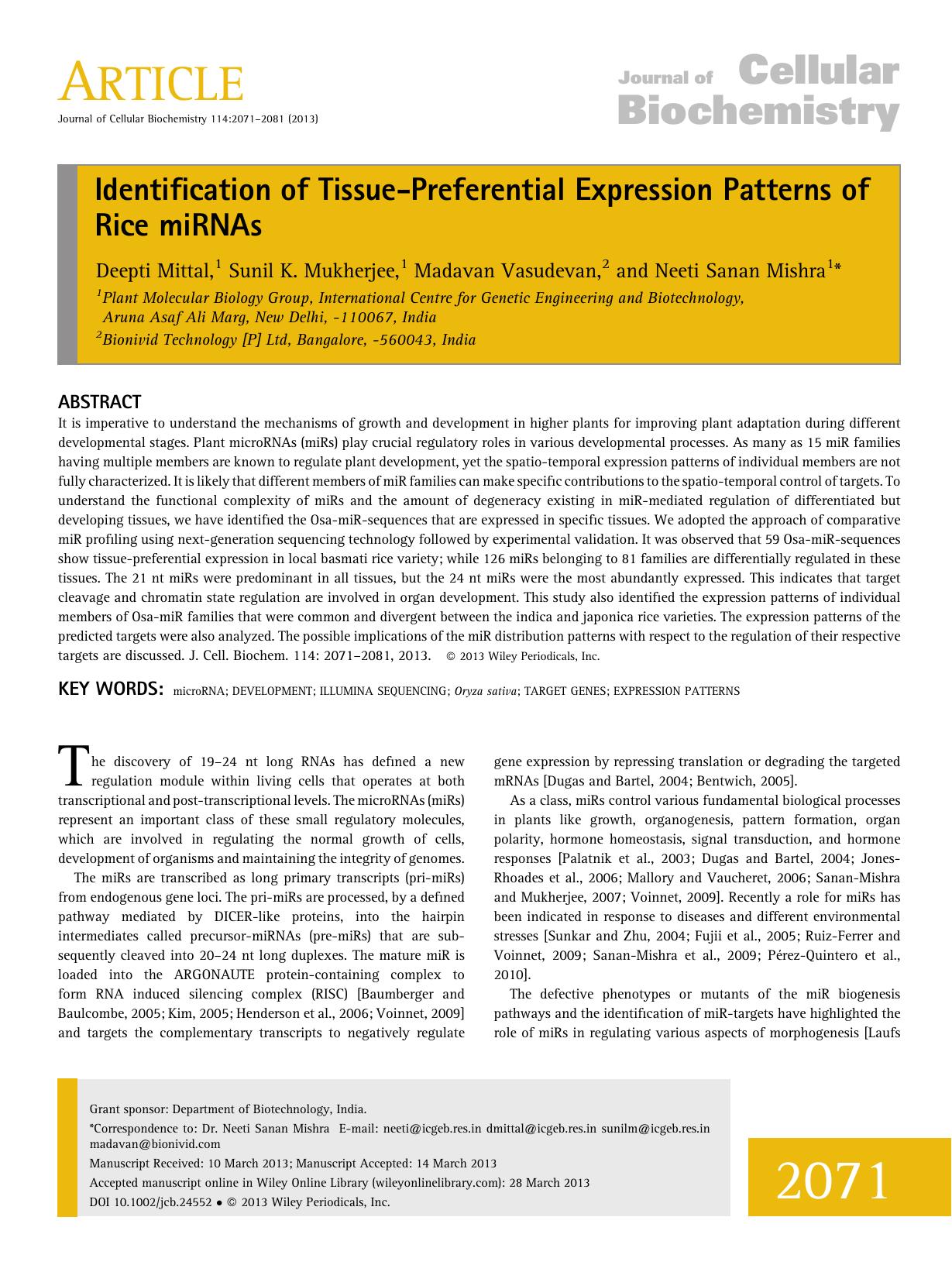 Identification of tissuepreferential expression patterns of rice miRNAs by Unknown