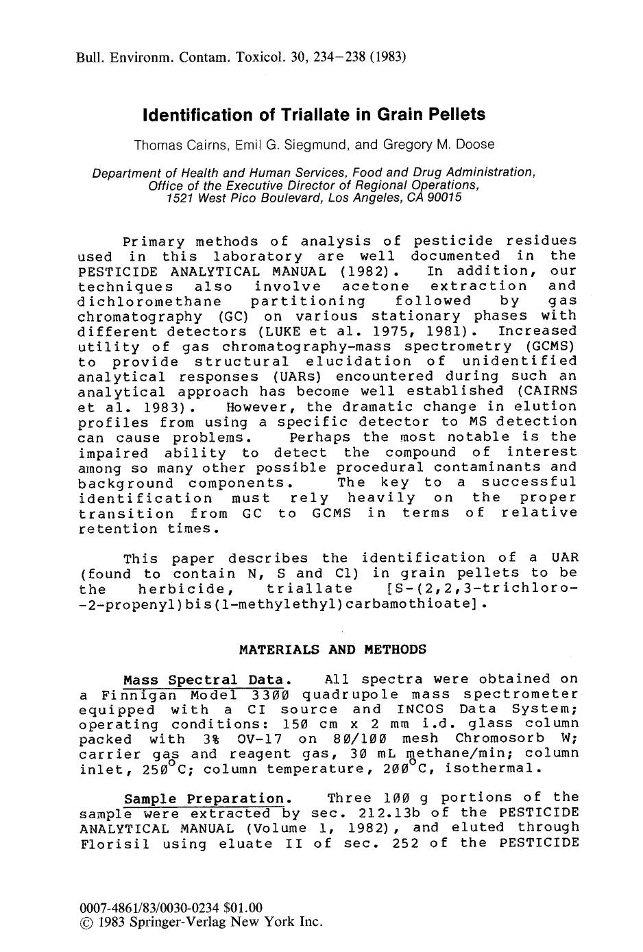 Identification of triallate in grain pellets by Unknown