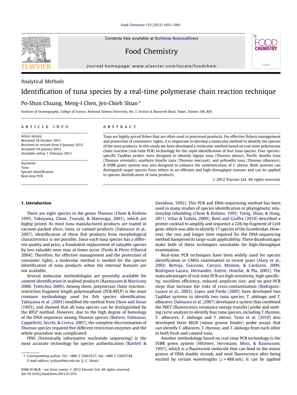 Identification of tuna species by a real-time polymerase chain reaction technique by Po-Shun Chuang & Meng-I Chen & Jen-Chieh Shiao