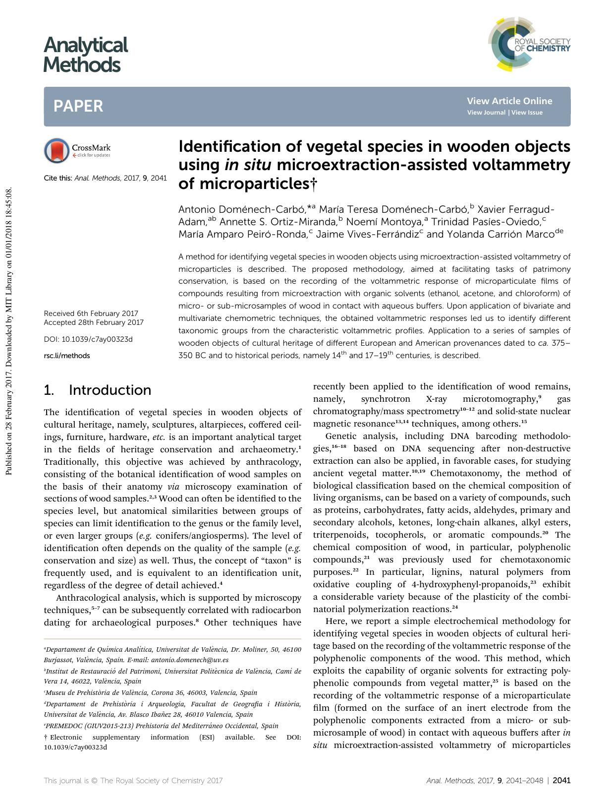 Identification of vegetal species in wooden objects using in situ microextraction-assisted voltammetry of microparticles by unknow