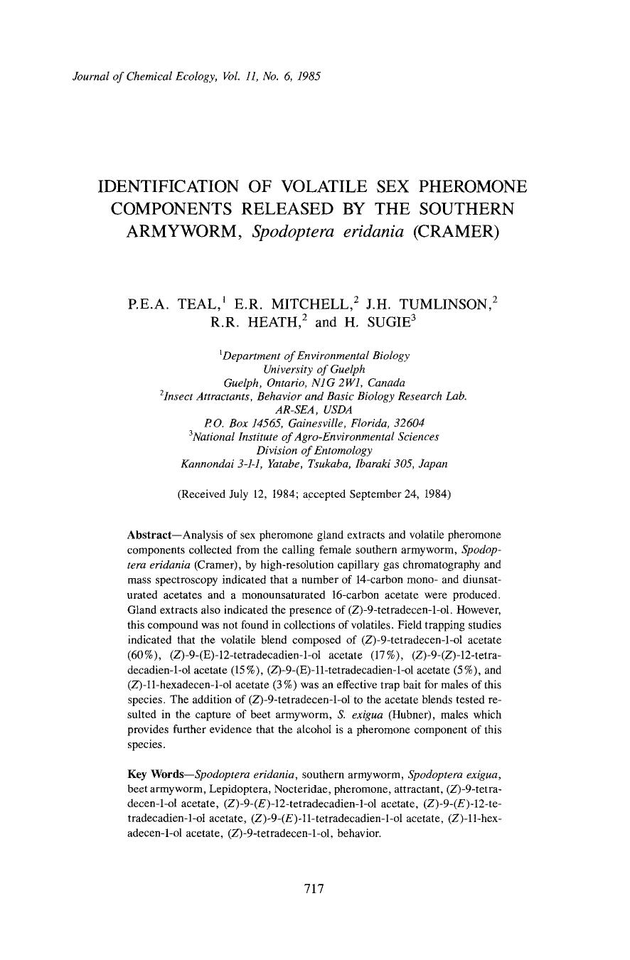Identification of volatile sex pheromone components released by the southern armyworm, <Emphasis Type="Italic">Spodoptera eridania <Emphasis> (Cramer) by Unknown