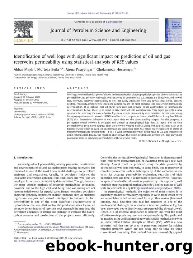Identification of well logs with significant impact on prediction of oil and gas reservoirs permeability using statistical analysis of RSE values by Abbas Majdi & Morteza Beiki & Atena Pirayehgar & Gholamreza Hosseinyar