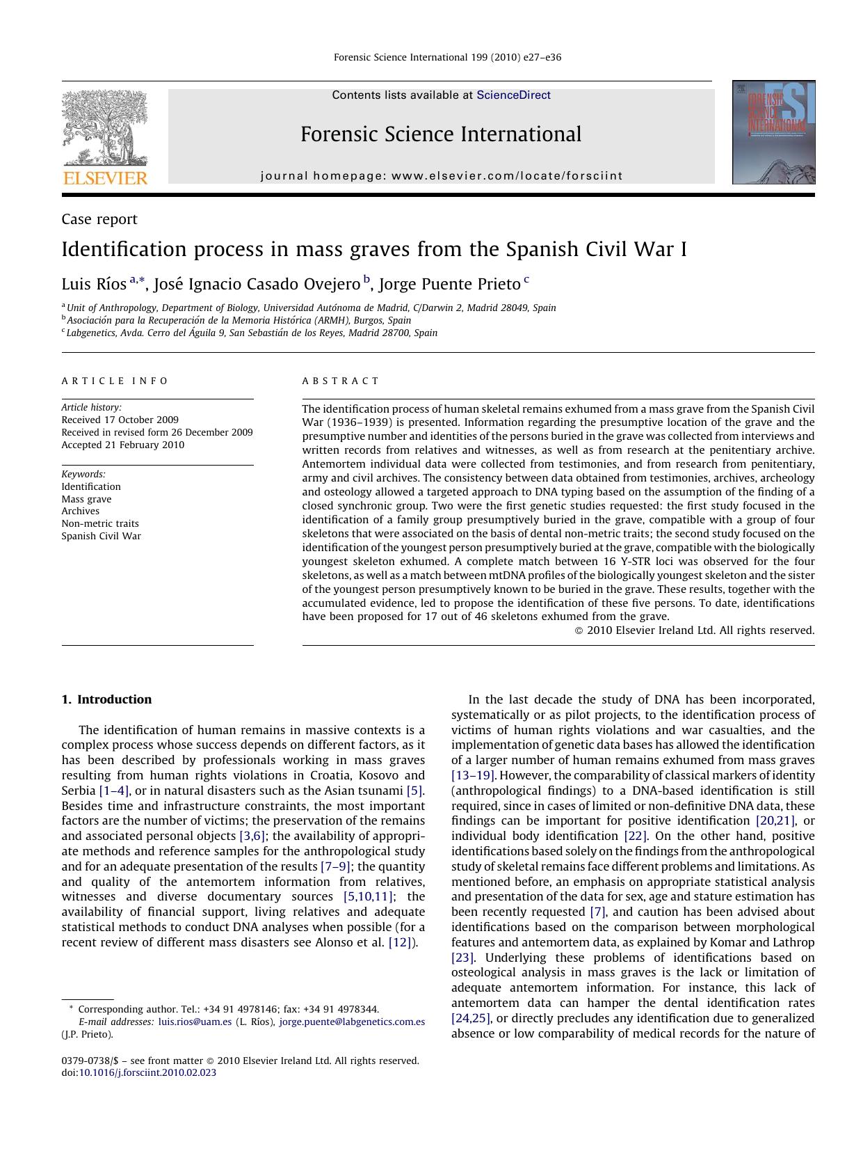 Identification process in mass graves from the Spanish Civil War I by Luis RÃ­os; JosÃ© Ignacio Casado Ovejero; Jorge Puente Prieto