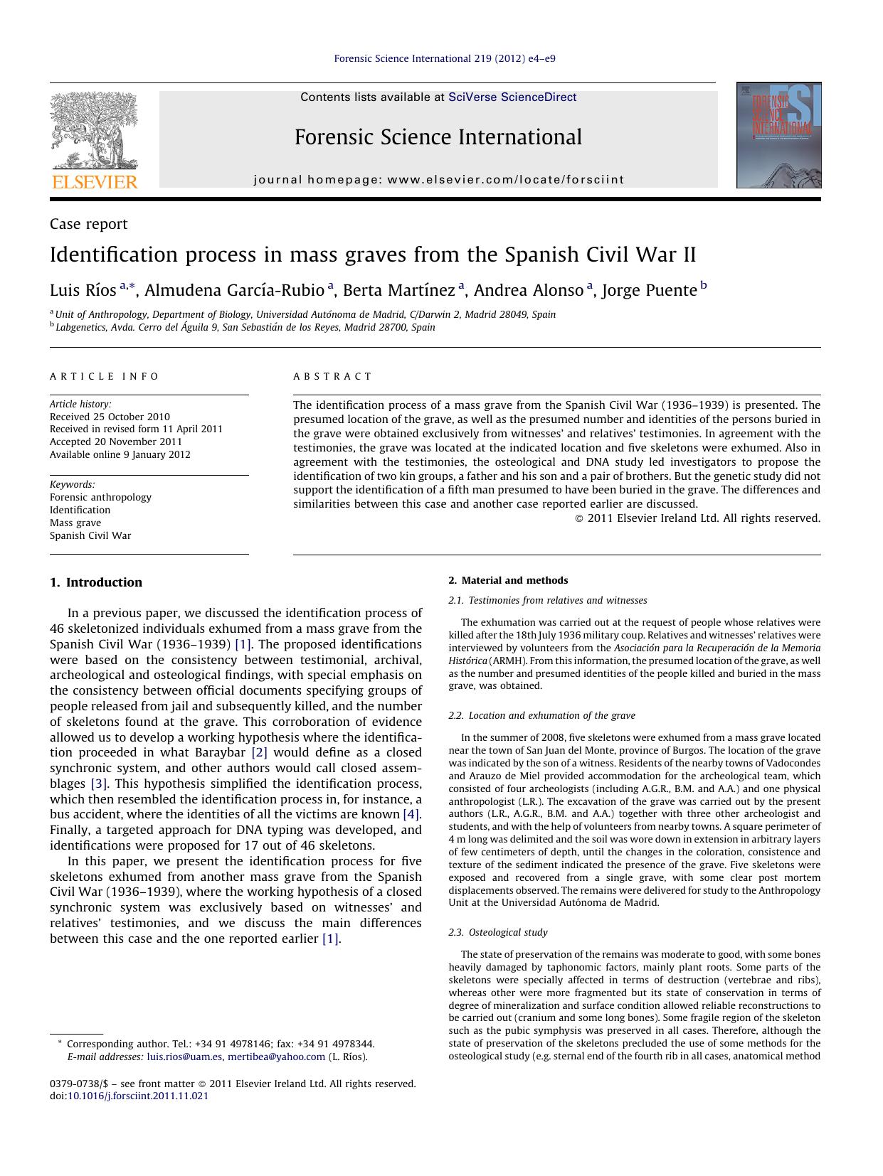 Identification process in mass graves from the Spanish Civil War II by Luis Ríos