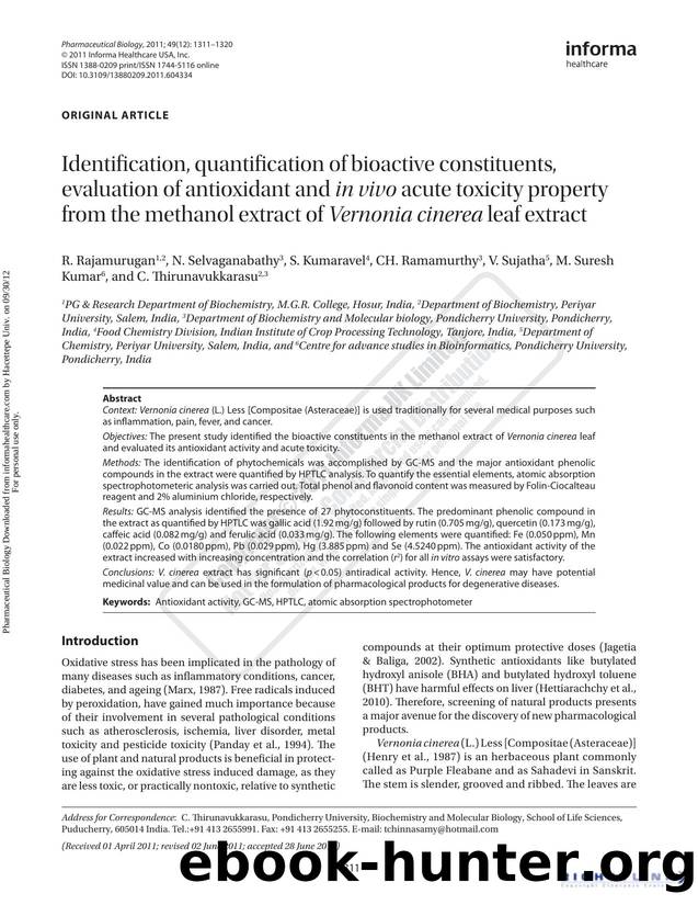 Identification, quantification of bioactive constituents, evaluation of antioxidant and in vivo acute toxicity property from the methanol extract of Vernonia cinerea leaf extract by unknow